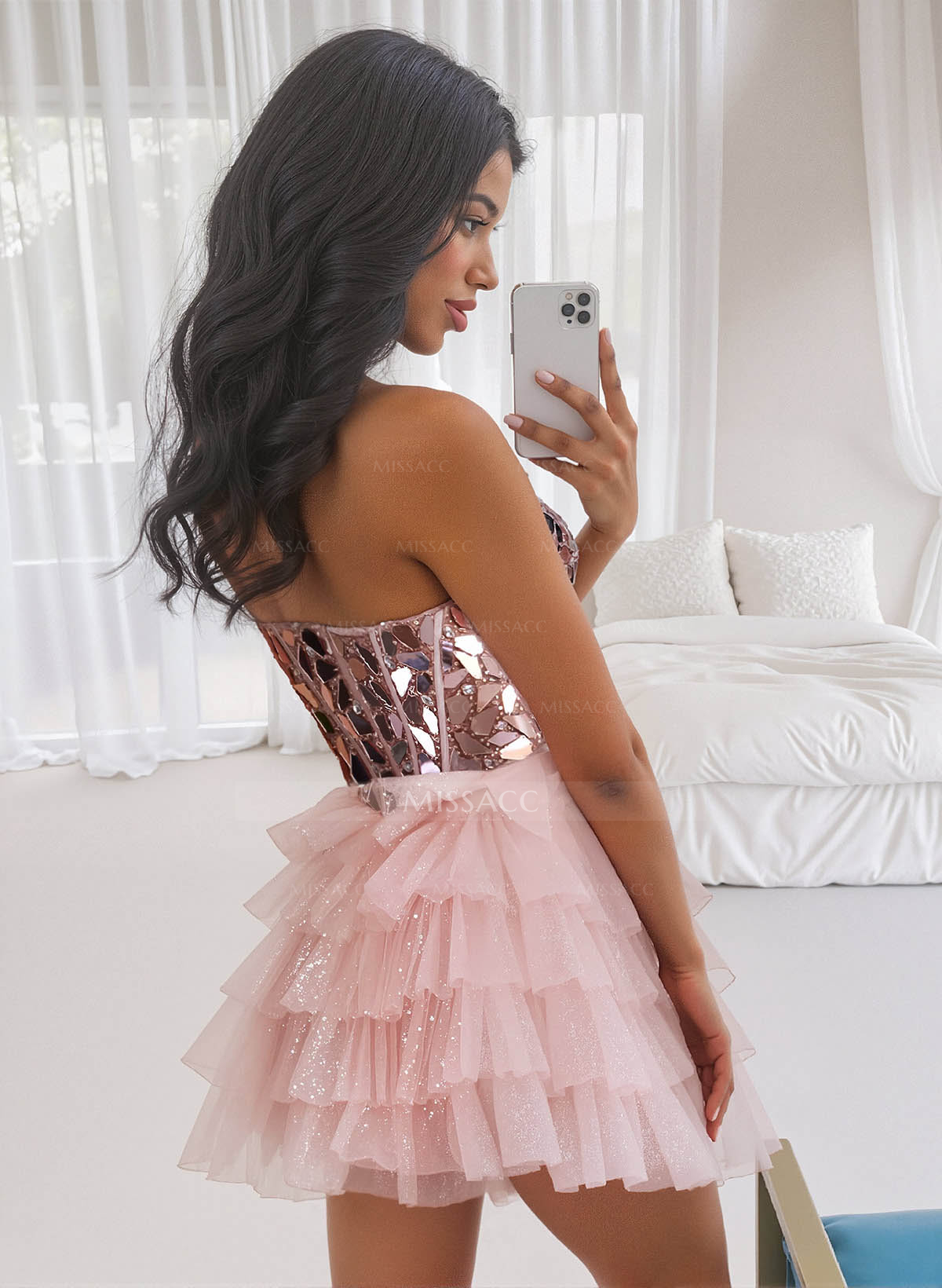 Sparkle & Shine Beading Sweetheart Short/Mini A-Line Tiered Tulle/Metallic Lame Homecoming Dresses