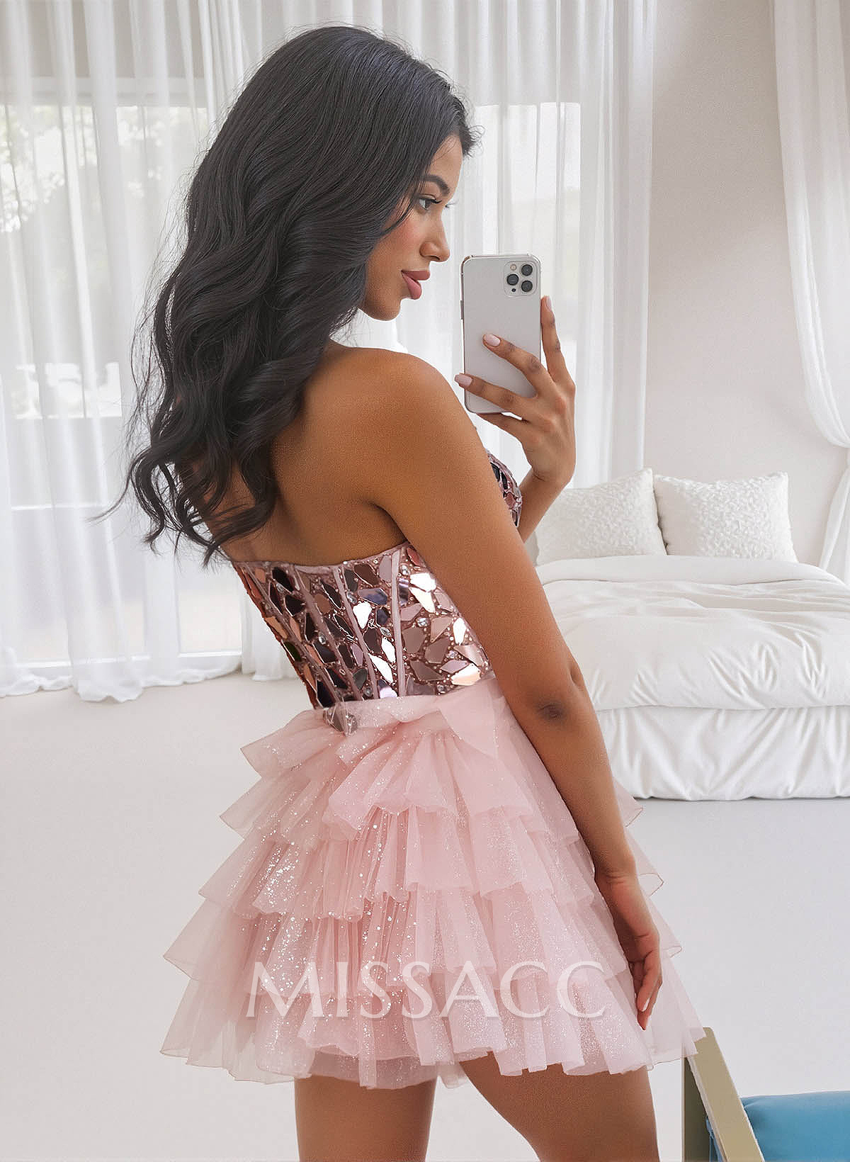 Sparkle & Shine Beading Sweetheart Short/Mini A-Line Tiered Tulle/Metallic Lame Homecoming Dresses