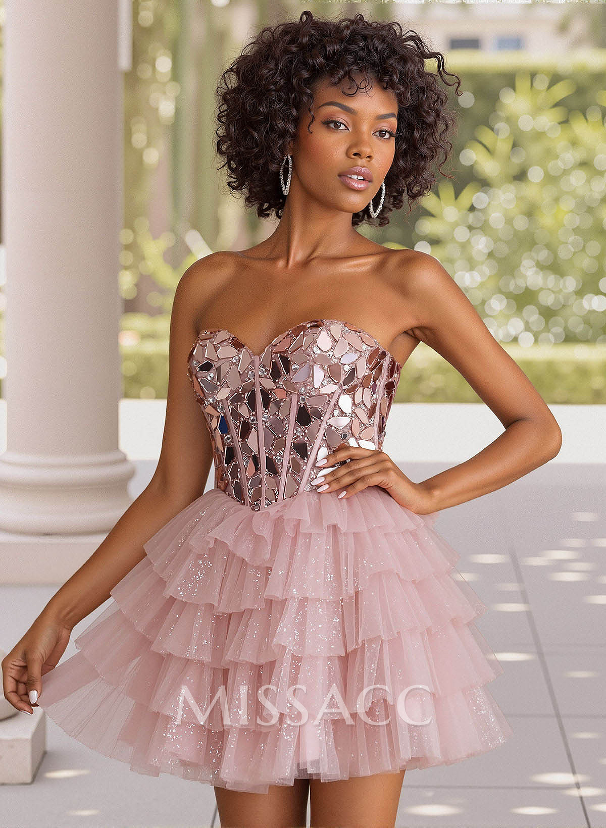Sparkle & Shine Beading Sweetheart Short/Mini A-Line Tiered Tulle/Metallic Lame Homecoming Dresses