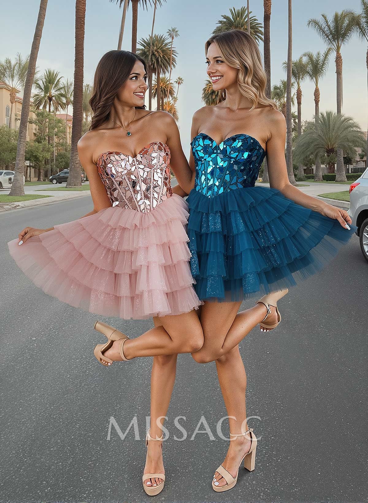Sparkle & Shine Beading Sweetheart Short/Mini A-Line Tiered Tulle/Metallic Lame Homecoming Dresses