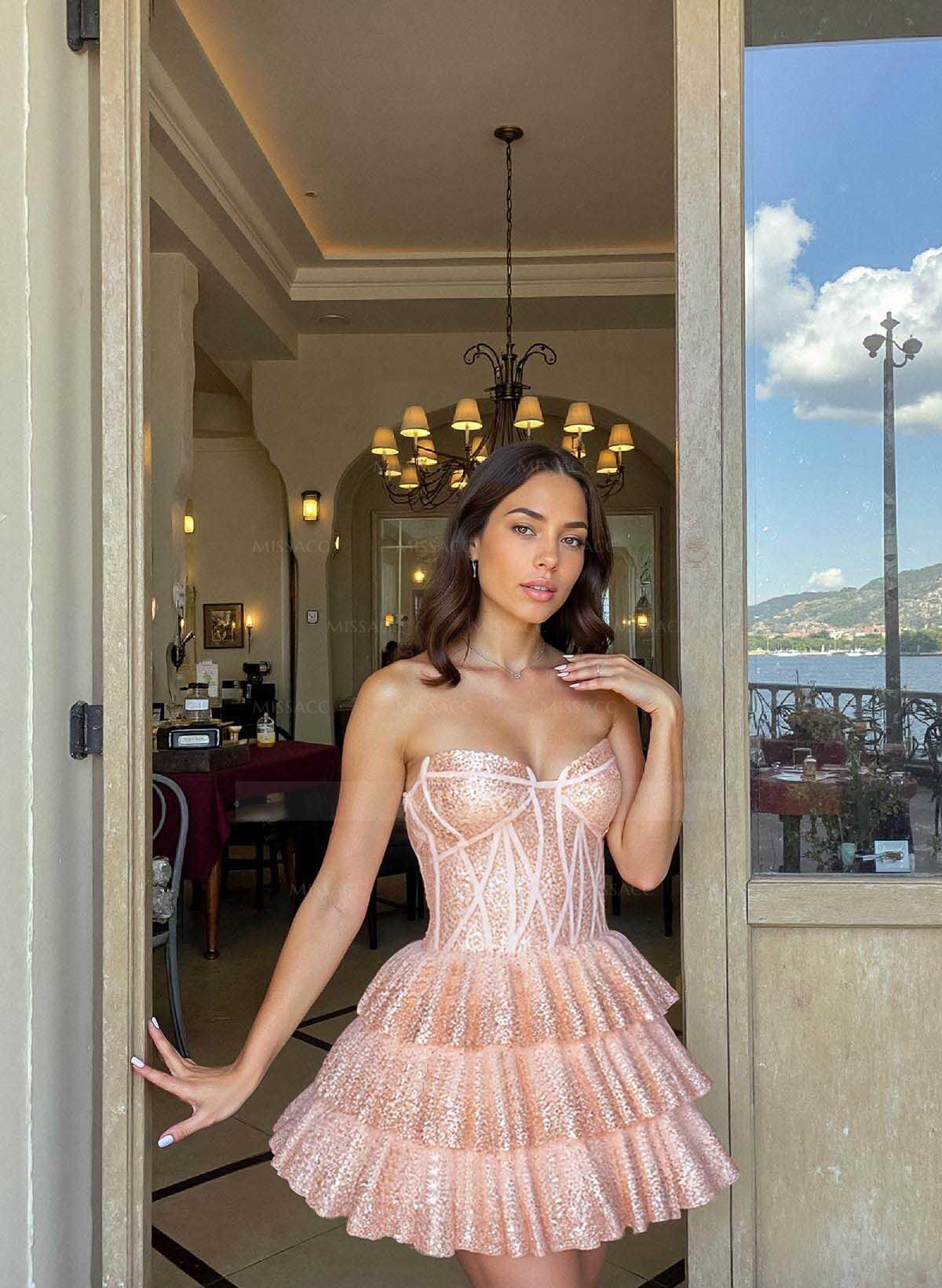 Sparkle & Shine Sweetheart Corset Short/Mini Tiered A-Line Sequined Homecoming Dresses