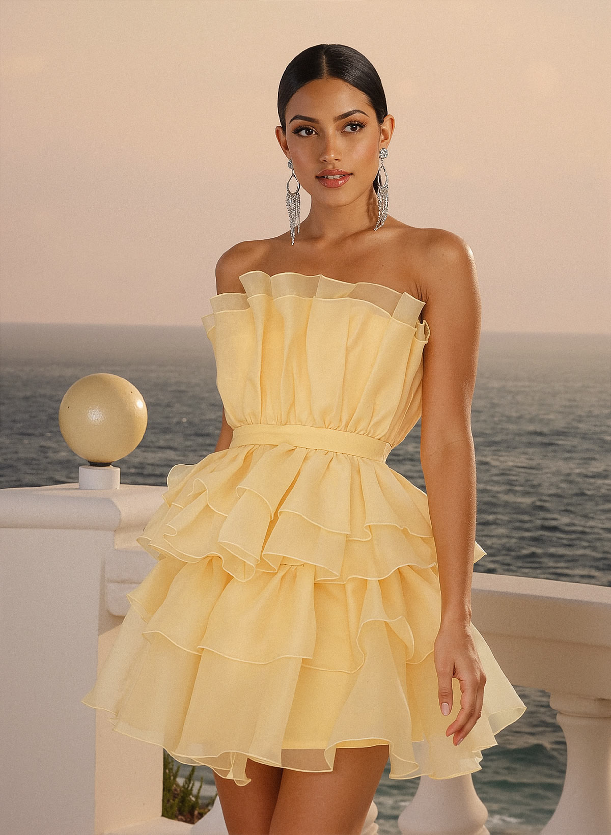 Sweet Ruffle Strapless Sleeveless Tiered A-Line Short/Mini Tulle Homecoming Dresses