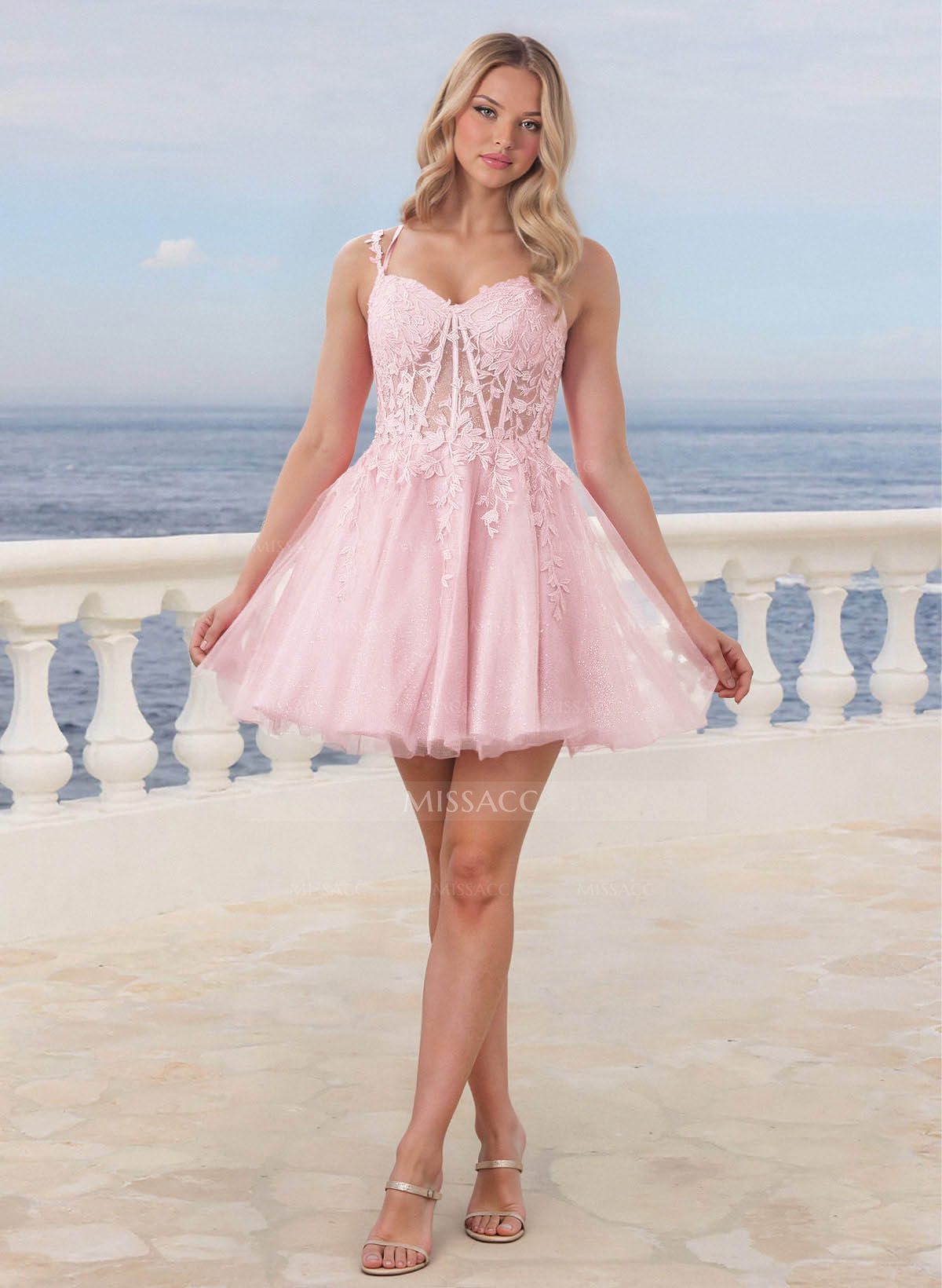 Shine Lace V-Neck Spaghetti Straps Corset A-Line Short/Mini Satin/Tulle Homecoming Dresses