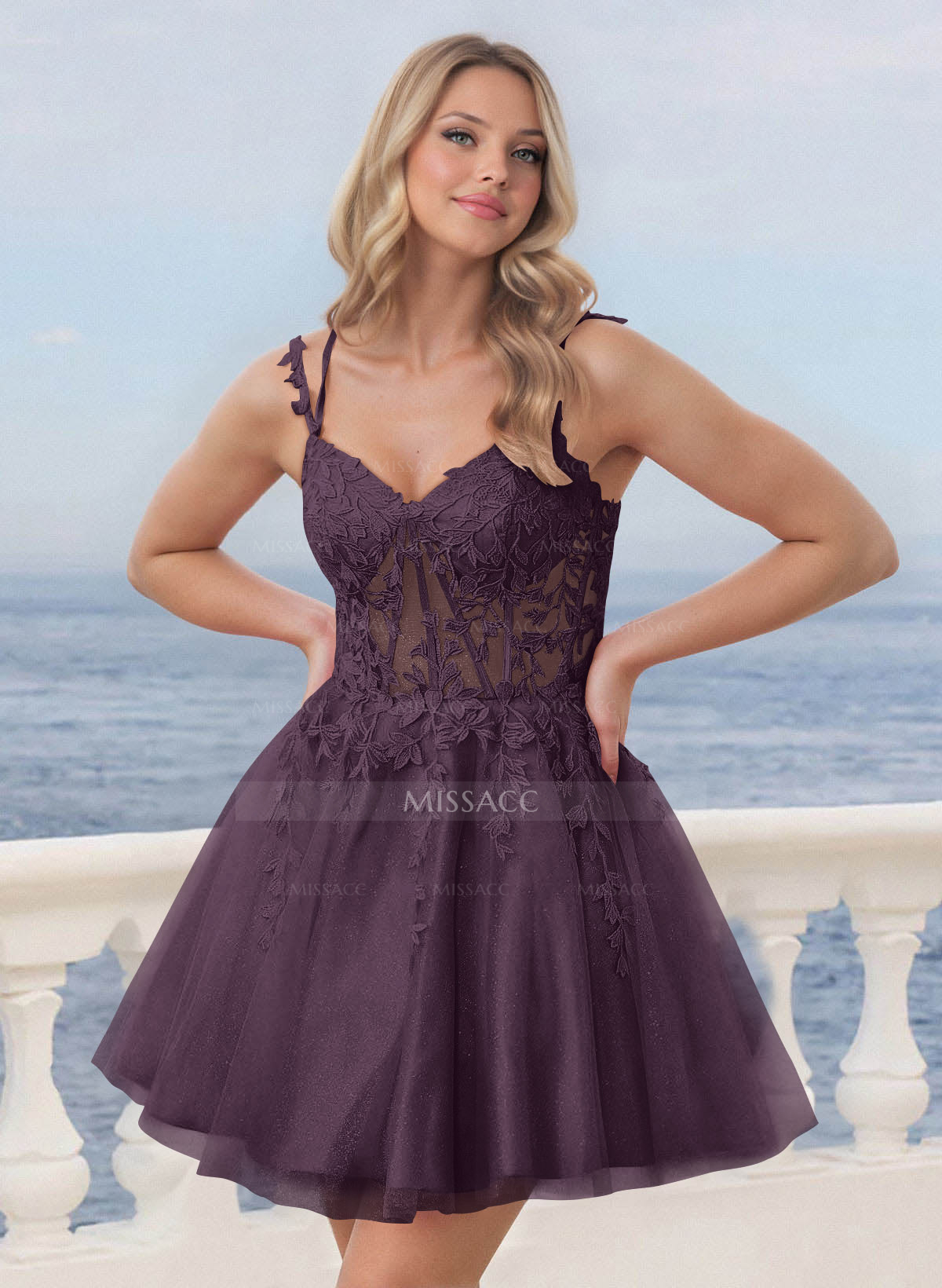 Shine Lace V-Neck Spaghetti Straps Corset A-Line Short/Mini Satin