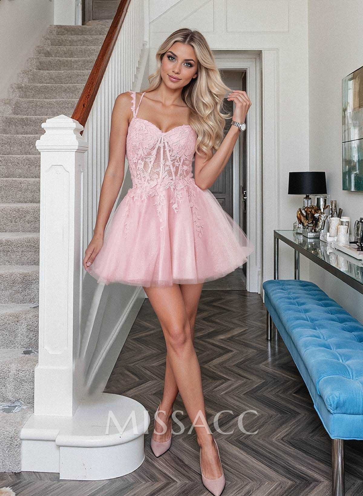 Shine Lace V-Neck Spaghetti Straps Corset A-Line Short/Mini Satin/Tulle Homecoming Dresses
