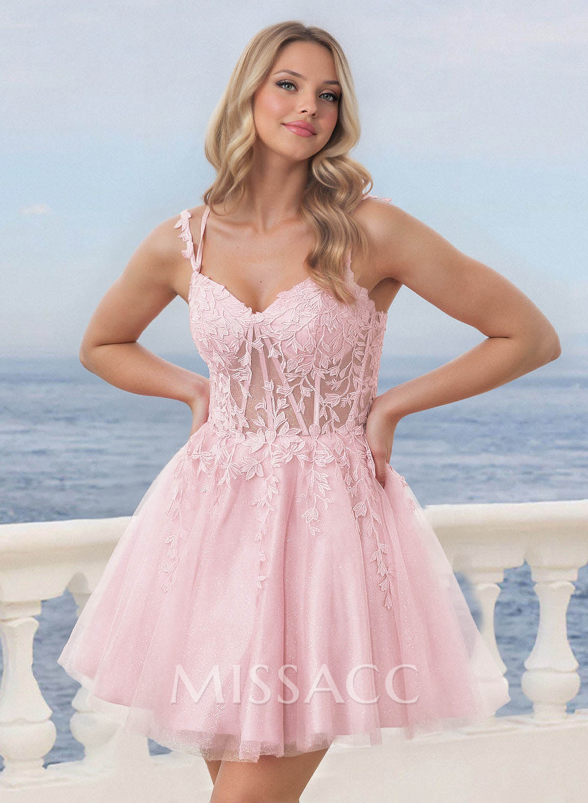 Shine Lace V-Neck Spaghetti Straps Corset A-Line Short/Mini Satin/Tulle Homecoming Dresses