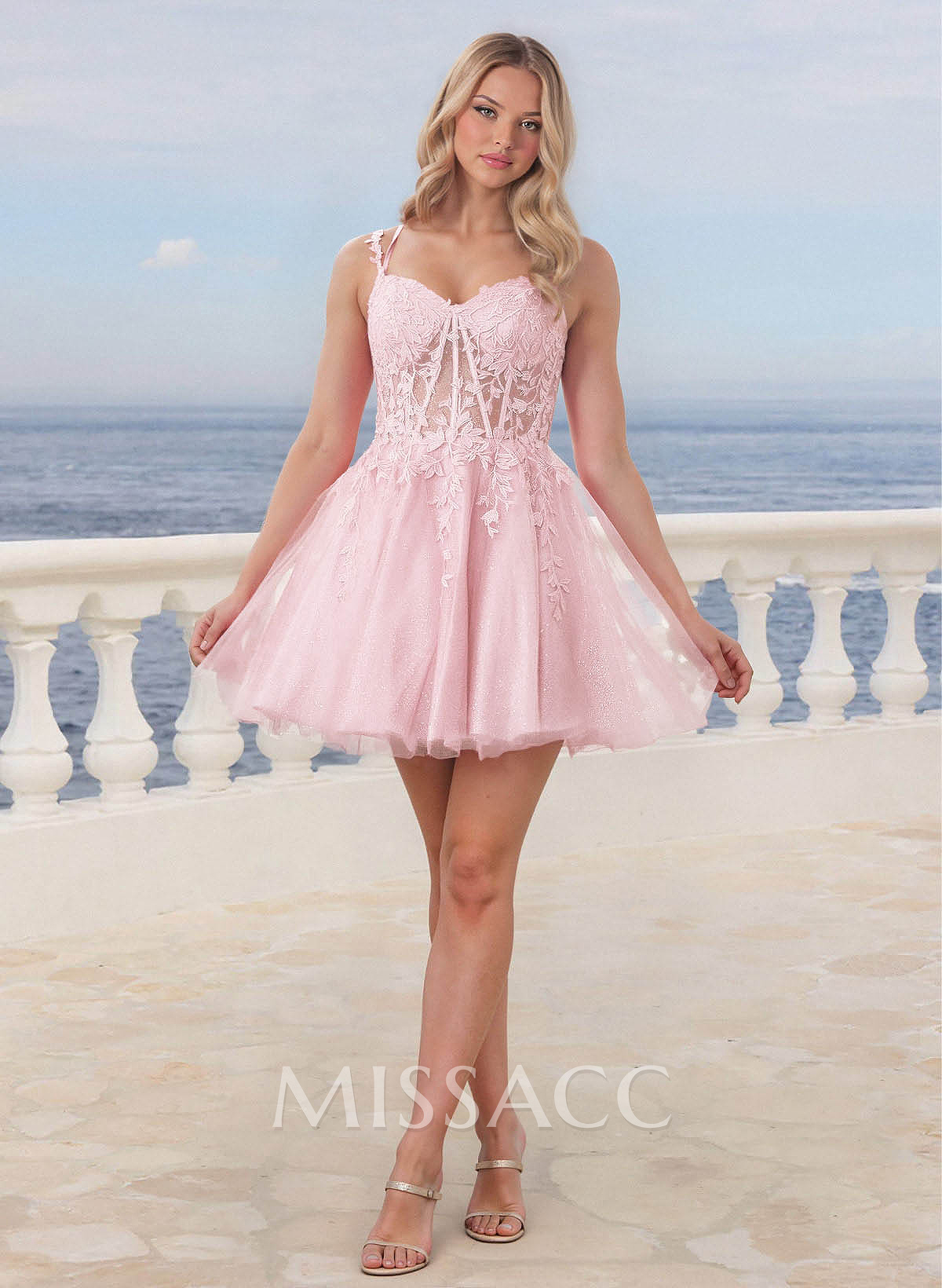 Shine Lace V-Neck Spaghetti Straps Corset A-Line Short/Mini Satin/Tulle Homecoming Dresses