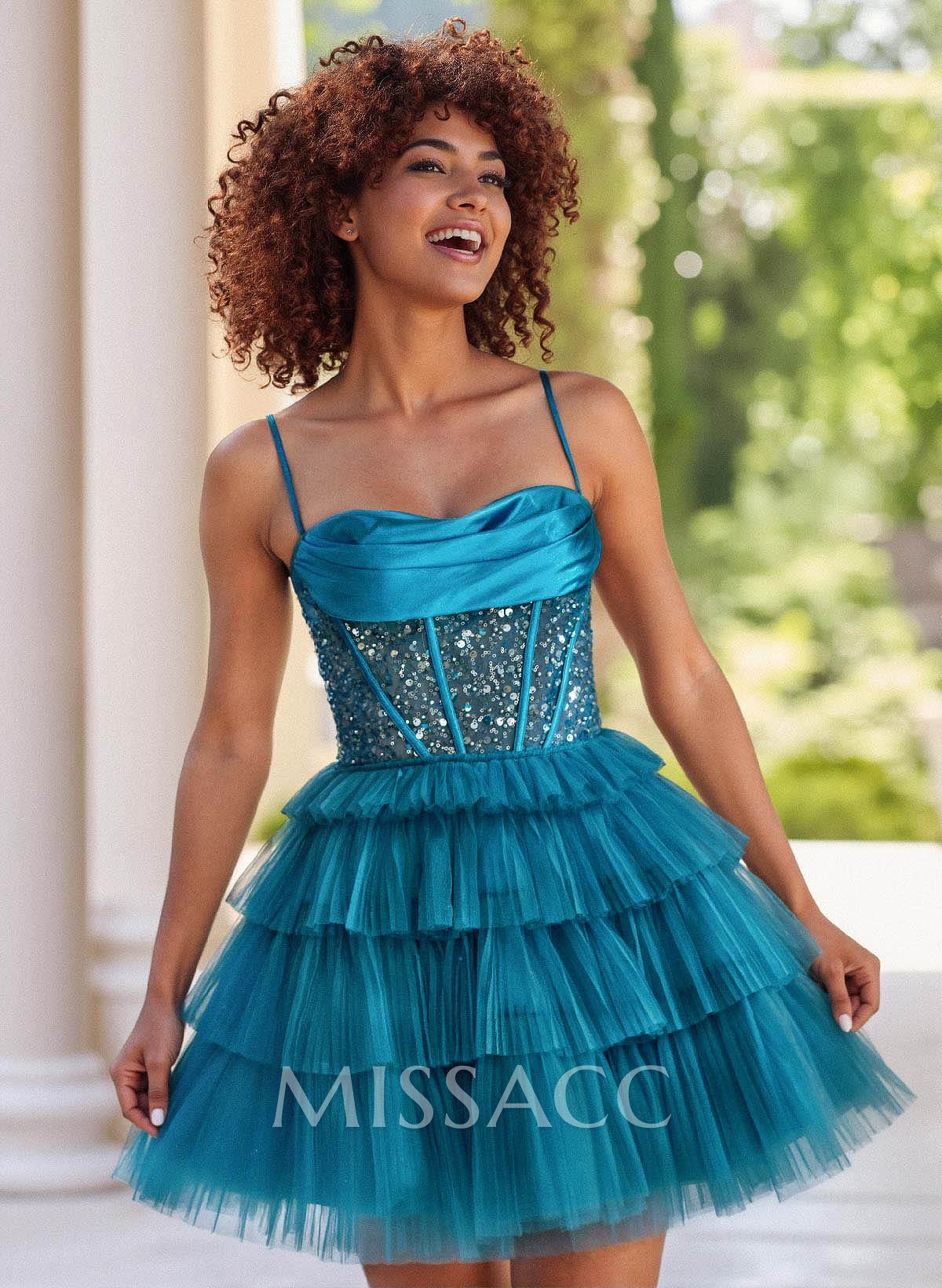 Sparkle & Shine Satin Cowl Neck A-Line Tiered Tulle Short/Mini Sequined Homecoming Dresses