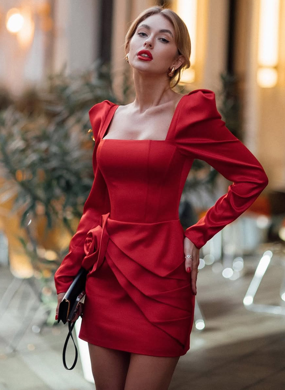 Elegant Square Neckline Long Sleeves Flower(s) Detachable Sweeping Side Drape Tiered Short/Mini Matte Satin Homecoming Dresses