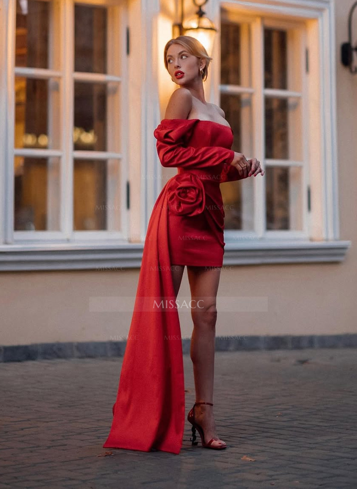 Elegant Square Neckline Long Sleeves Flower(s) Detachable Sweeping Side Drape Tiered Short/Mini Matte Satin Homecoming Dresses