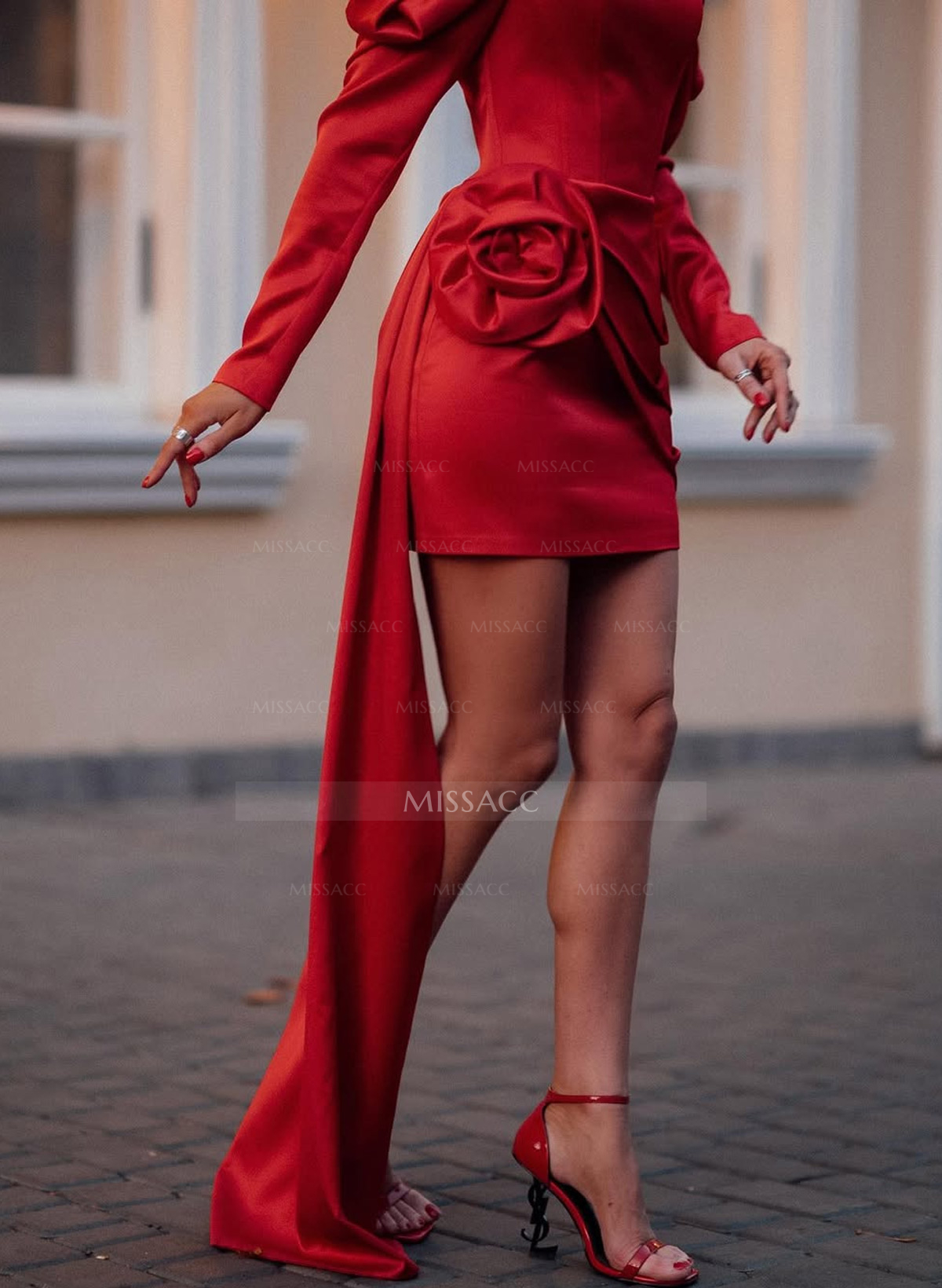 Elegant Square Neckline Long Sleeves Flower(s) Detachable Sweeping Side Drape Tiered Short/Mini Matte Satin Homecoming Dresses