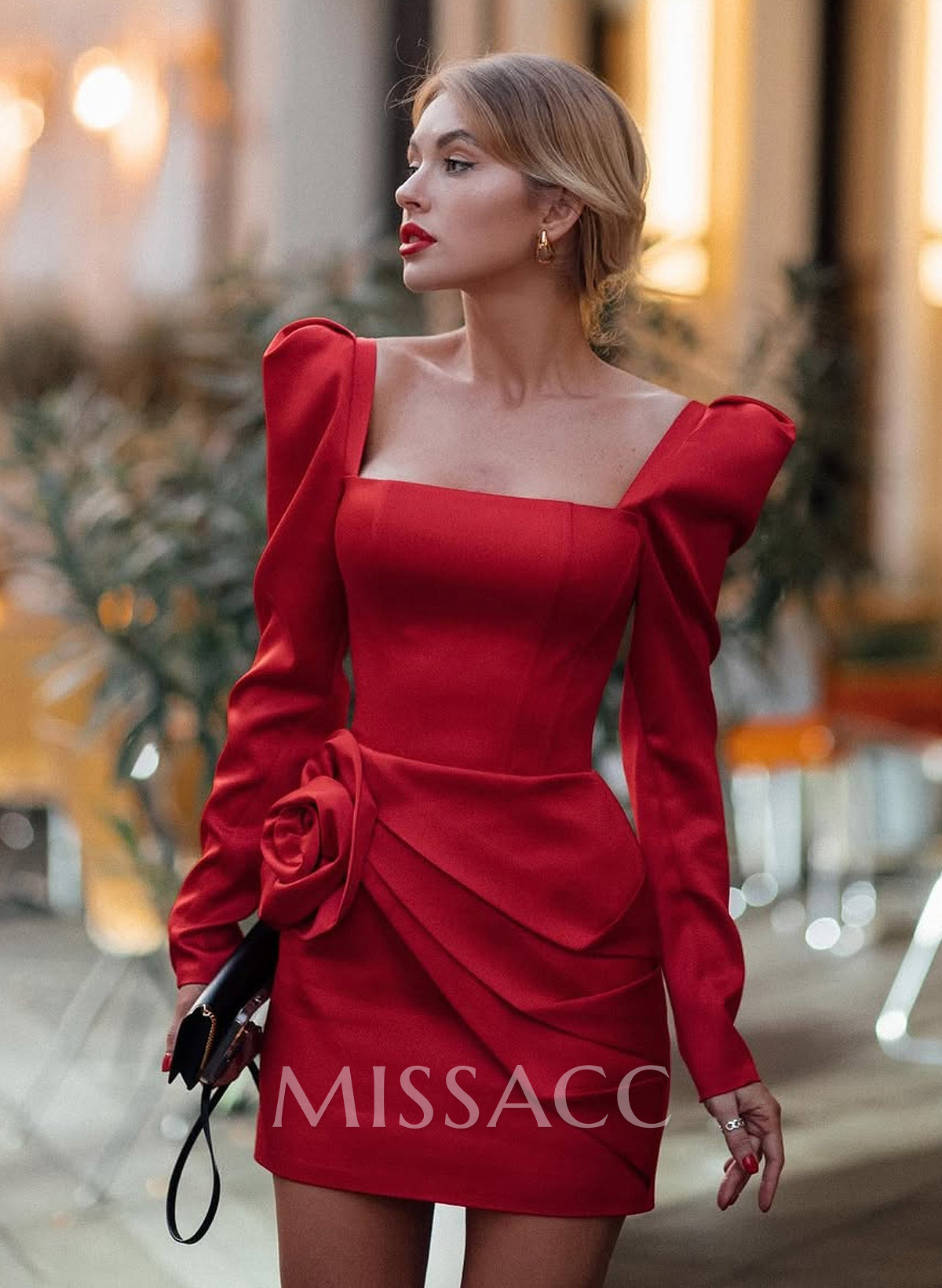 Elegant Square Neckline Long Sleeves Flower(s) Detachable Sweeping Side Drape Tiered Short/Mini Matte Satin Homecoming Dresses