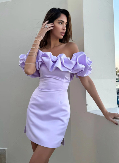 Elegant Ruffle Off-The-Shoulder Sleeveless Short/Mini Matte Satin Homecoming Dresses