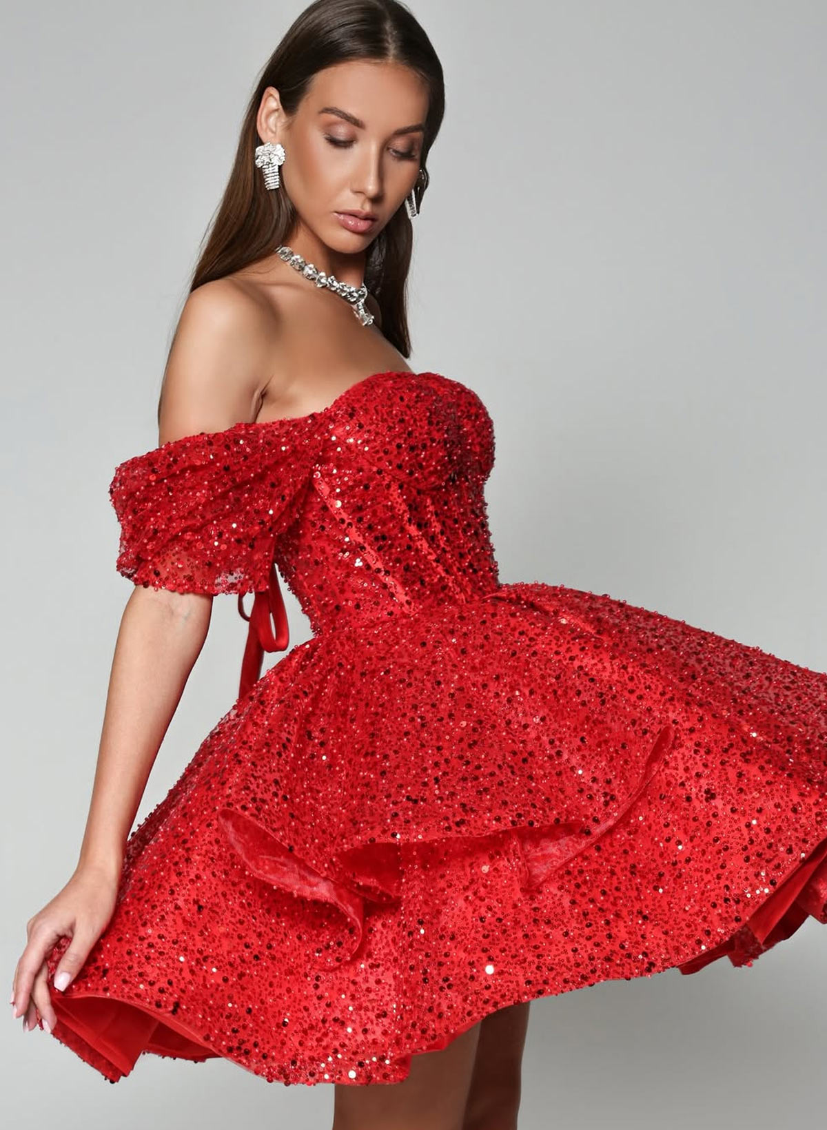Sparkle Sweetheart Off-The-Shoulder A-Line Tiered Short/Mini Sequined Homecoming Dresses