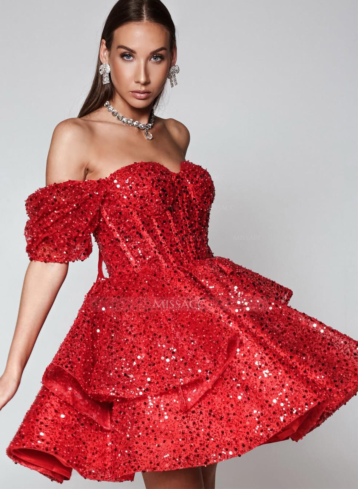 Sparkle Sweetheart Off-The-Shoulder A-Line Tiered Short/Mini Sequined Homecoming Dresses