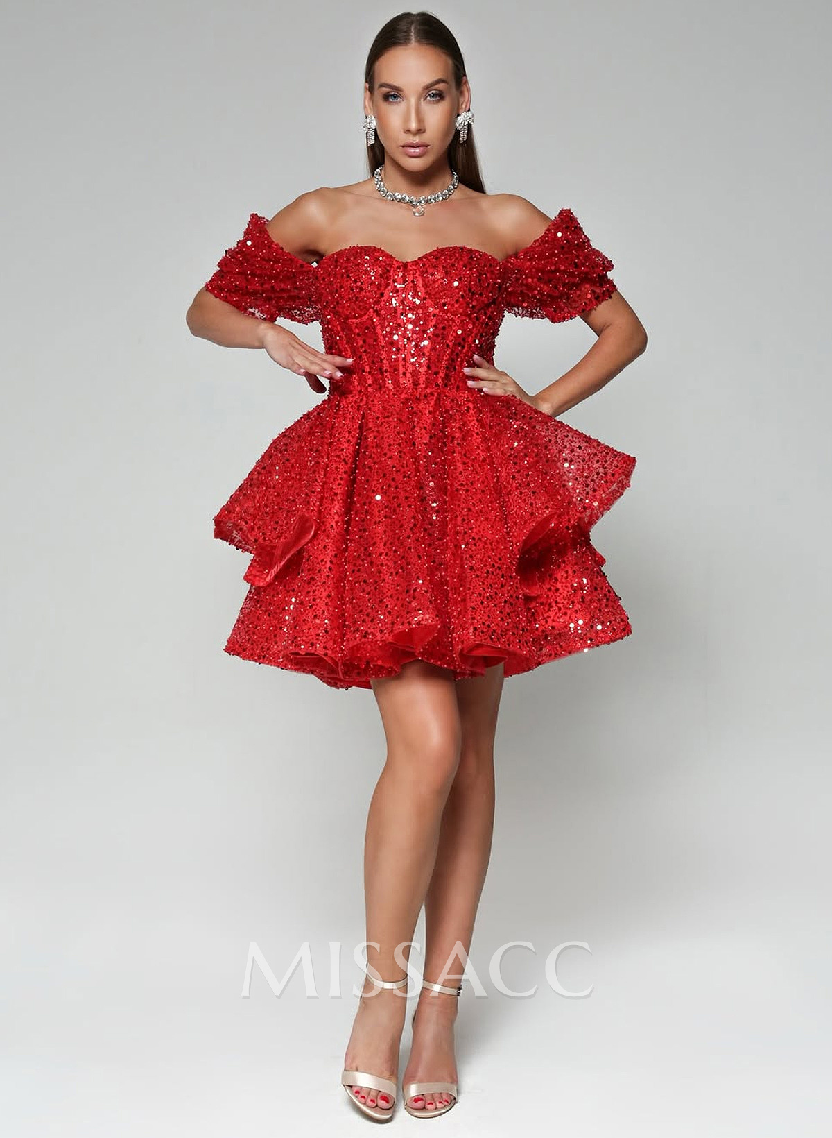 Sparkle Sweetheart Off-The-Shoulder A-Line Tiered Short/Mini Sequined Homecoming Dresses