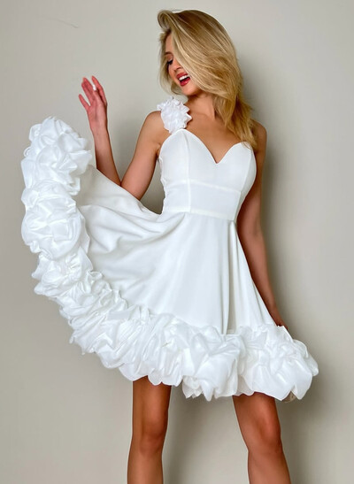 Flower(s) Spaghetti Straps Sweetheart A-Line Short/Mini Elastic Satin Homecoming Dresses
