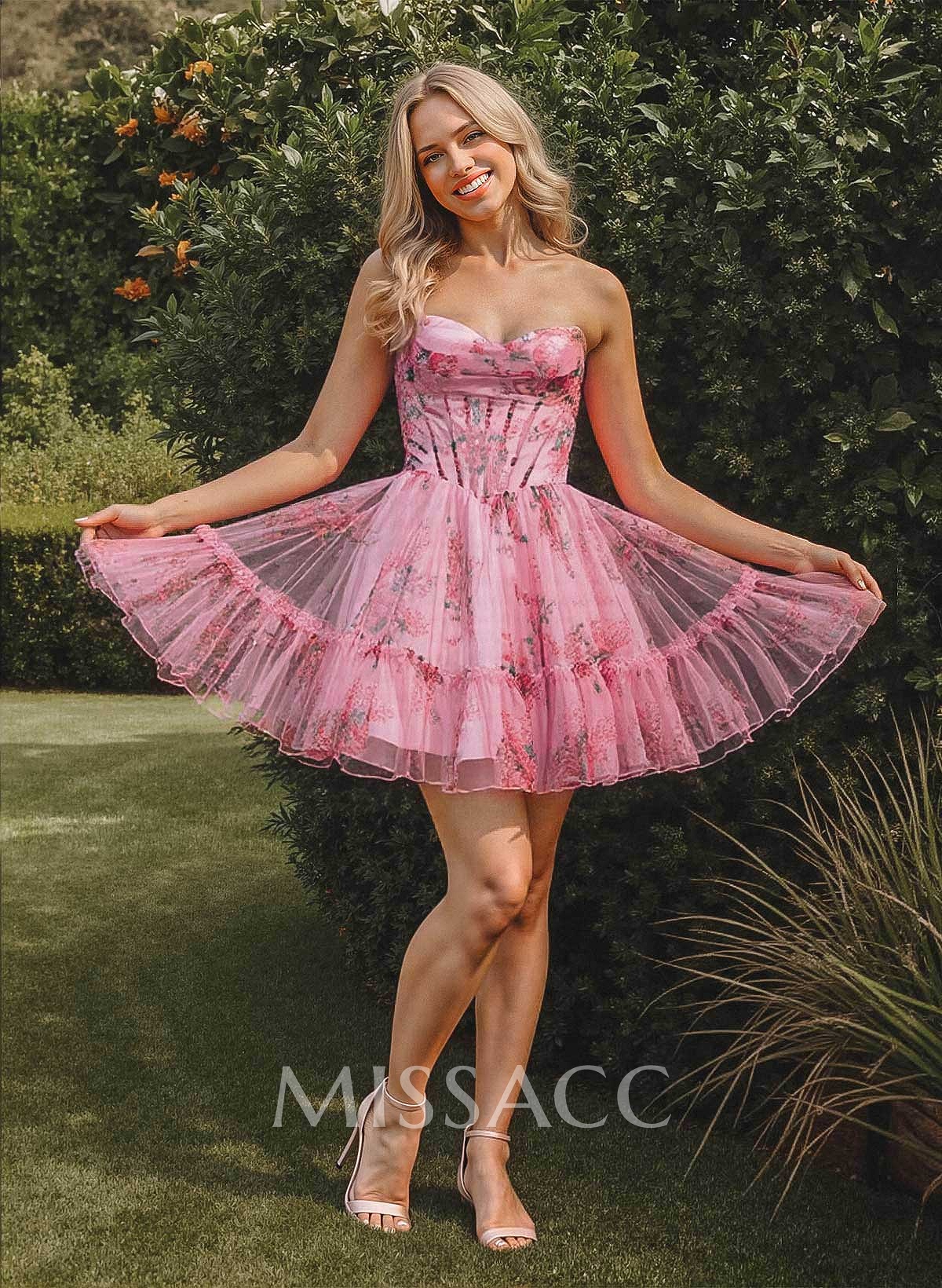 Boho A-Line Strapless Short/Mini Satin Homecoming Dresses With Floral-Print