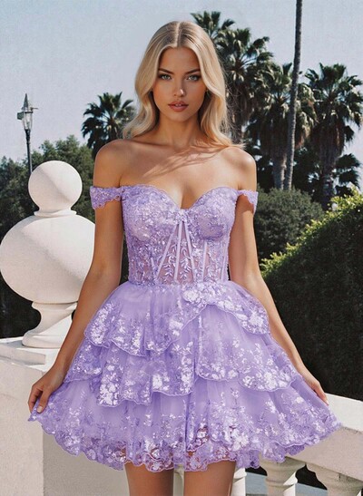 Luxury A-Line Off-The-Shoulder Short/Mini Satin Homecoming Dresses With Lace/Tiered