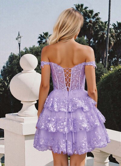 Luxury A-Line Off-The-Shoulder Short/Mini Satin Homecoming Dresses With Lace/Tiered