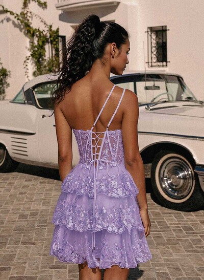 Luxury A-Line One-Shoulder Short/Mini Satin/Lace Homecoming Dresses With Tiered