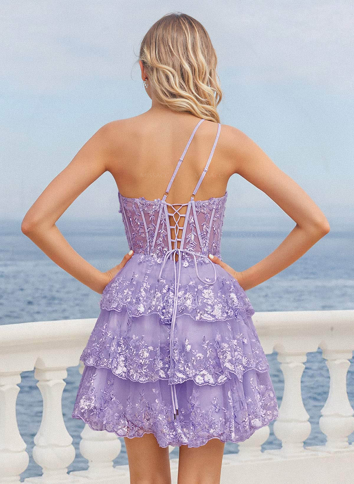 Luxury A-Line One-Shoulder Short/Mini Satin/Lace Homecoming Dresses With Tiered