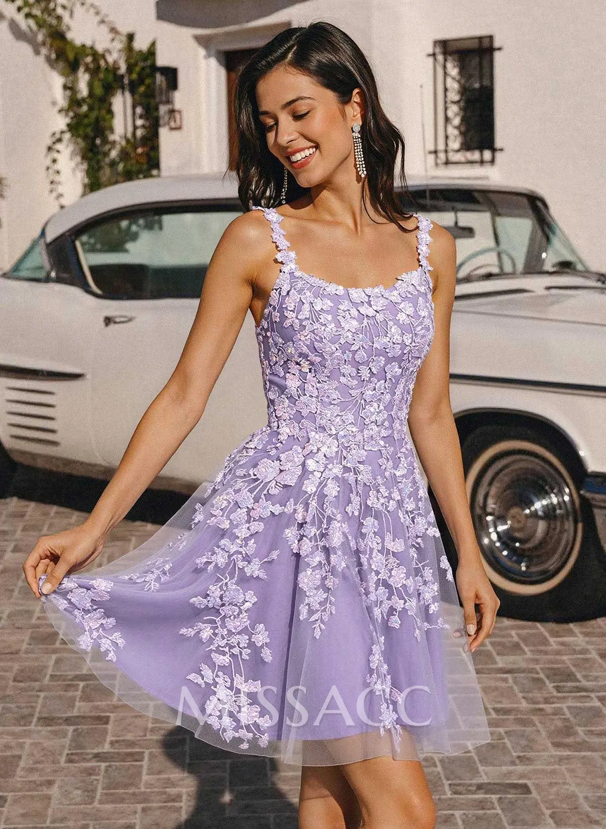 A-Line Square Neckline Sleeveless Short/Mini Satin/Lace Homecoming Dresses With Sequins/Appliques Lace #SHD10609