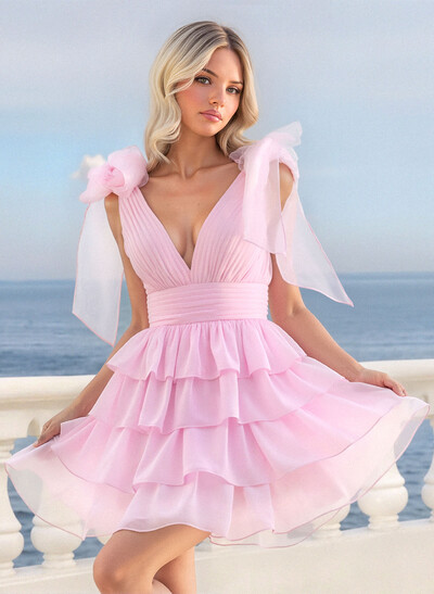 A-Line Plunge Neck Sleeveless Short/Mini Chiffon Homecoming Dresses With Bow(s)/Tiered