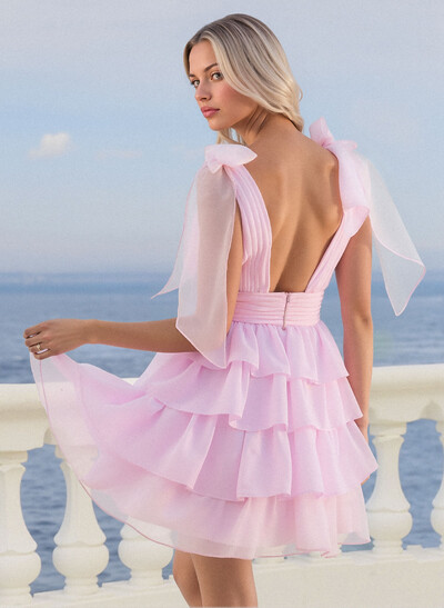 A-Line Plunge Neck Sleeveless Short/Mini Chiffon Homecoming Dresses With Bow(s)/Tiered