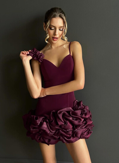 Elegant Flower(s) Spaghetti Straps V-Neck Short/Mini Elastic Satin Evening Dresses