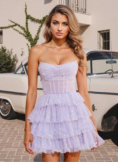A-Line Strapless Short/Mini Tulle Homecoming Dresses With Cascading Ruffles/Beading