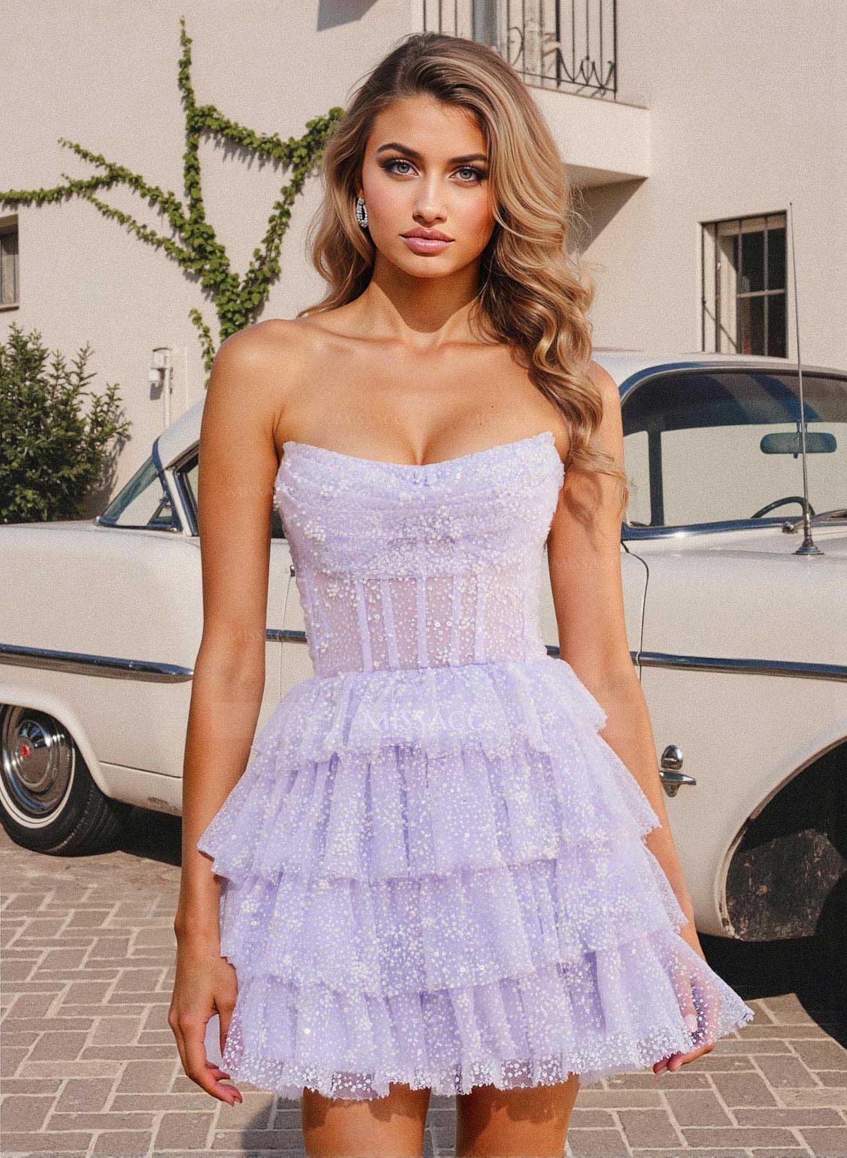 A-Line Strapless Short/Mini Tulle Homecoming Dresses With Cascading Ruffles/Beading