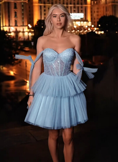 Sweetheart Bow(s) Spaghetti Straps A-Line Short/Mini Tiered Tulle/Sequined Homecoming Dresses