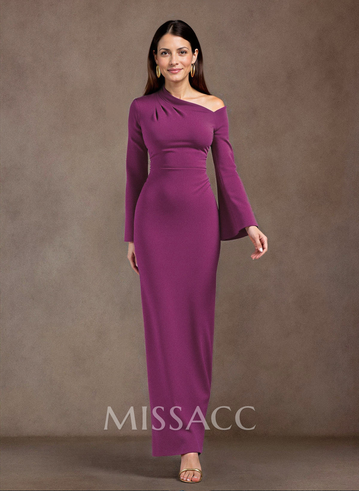 Elegant Asymmetrical Long Sleeves Floor-Length Elastic Satin Mother Of The Bride Dresses