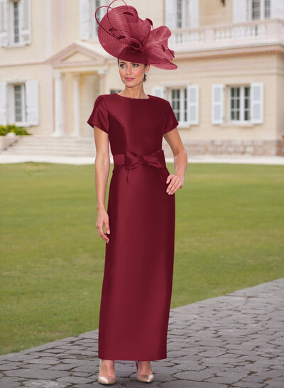 Elegant Scoop Neck Short Sleeves Floor-Length Satin Mother Of The Bride Dresses With Bow(s)