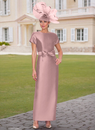 Elegant Scoop Neck Short Sleeves Floor-Length Satin Mother Of The Bride Dresses With Bow(s)
