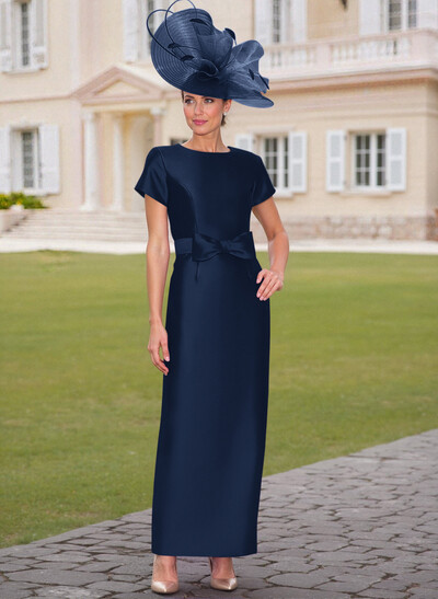 Elegant Scoop Neck Short Sleeves Floor-Length Satin Mother Of The Bride Dresses With Bow(s)