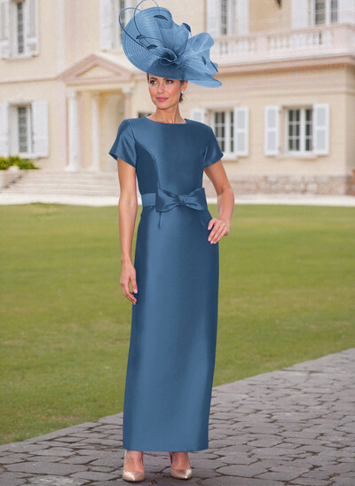 Elegant Scoop Neck Short Sleeves Floor-Length Satin Mother Of The Bride Dresses With Bow(s)
