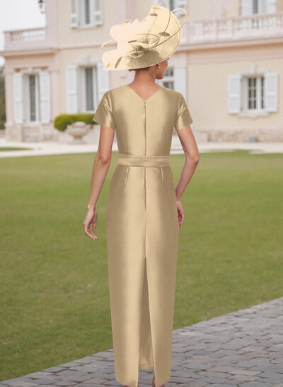 Elegant Scoop Neck Short Sleeves Floor-Length Satin Mother Of The Bride Dresses With Bow(s)