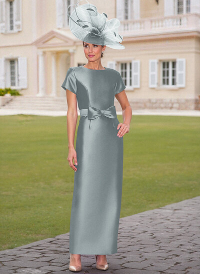 Elegant Scoop Neck Short Sleeves Floor-Length Satin Mother Of The Bride Dresses With Bow(s)