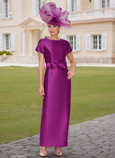Elegant Scoop Neck Short Sleeves Floor-Length Satin Mother Of The Bride Dresses With Bow(s)