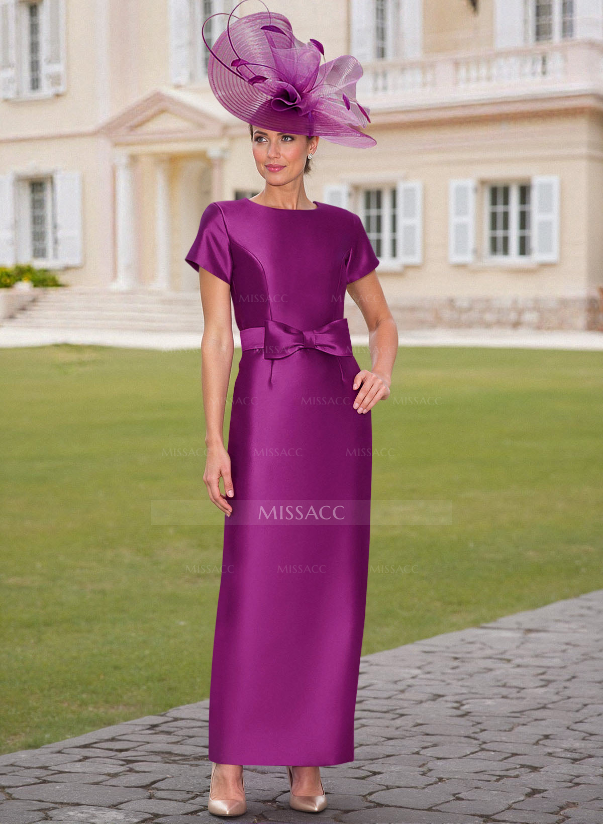 Elegant Scoop Neck Short Sleeves Floor-Length Satin Mother Of The Bride Dresses With Bow(s)