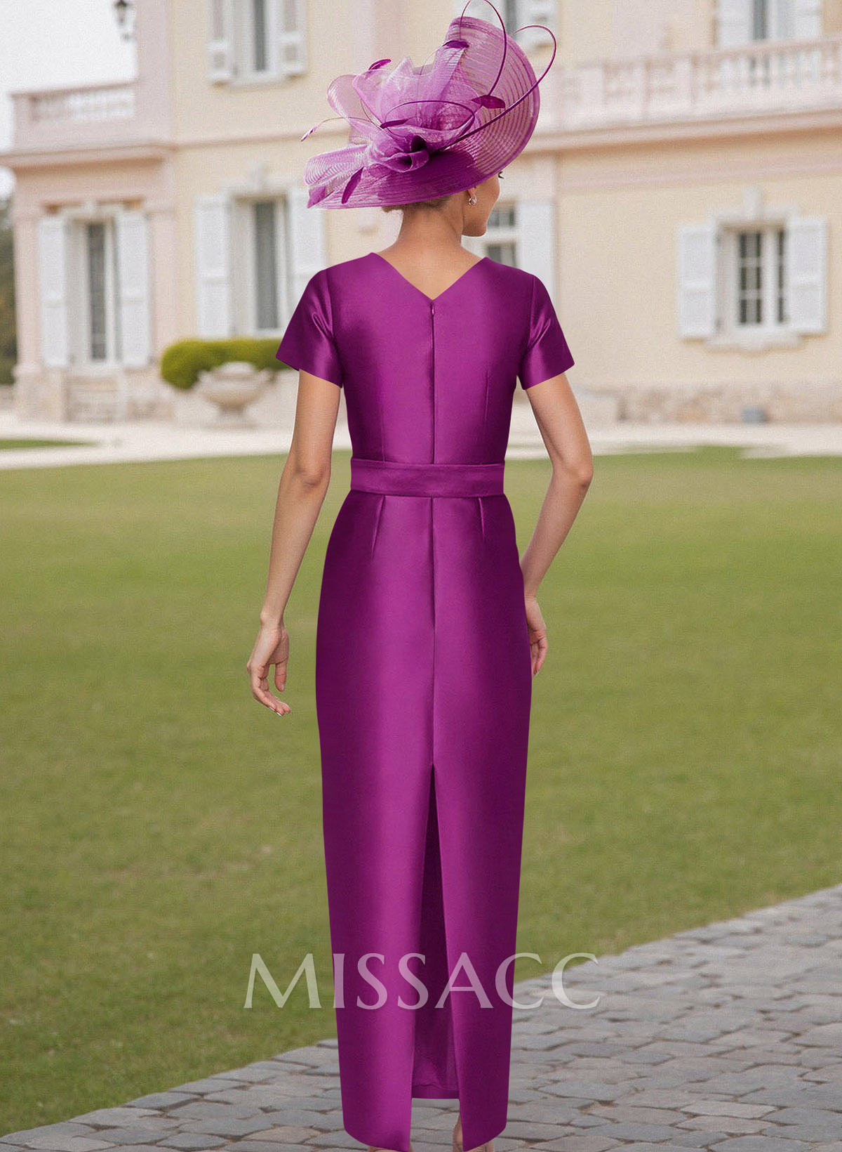 Elegant Scoop Neck Short Sleeves Floor-Length Satin Mother Of The Bride Dresses With Bow(s)