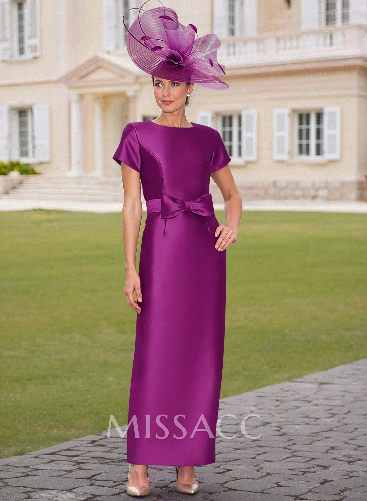 Elegant Scoop Neck Short Sleeves Floor-Length Satin Mother Of The Bride Dresses With Bow(s)
