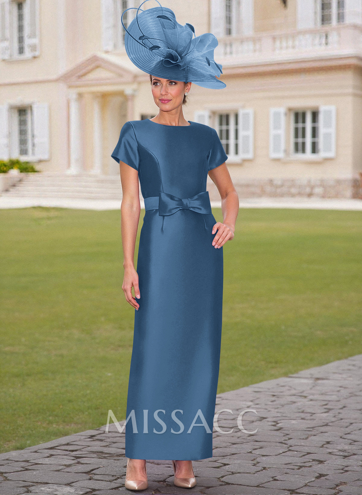 Elegant Scoop Neck Short Sleeves Floor-Length Satin Mother Of The Bride Dresses With Bow(s) Elegant Scoop Neck Short Sleeves Floor-Length Satin Mother Of The Bride Dresses With Bow(s)
