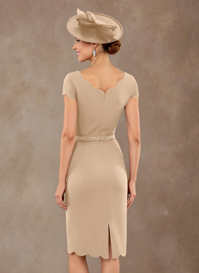 Scalloped Edge Neckline Short Sleeves Knee-Length Elastic Satin Mother Of The Bride Dresses With Beading