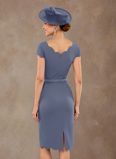 Scalloped Edge Neckline Short Sleeves Knee-Length Elastic Satin Mother Of The Bride Dresses With Beading