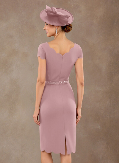 Scalloped Edge Neckline Short Sleeves Knee-Length Elastic Satin Mother Of The Bride Dresses With Beading
