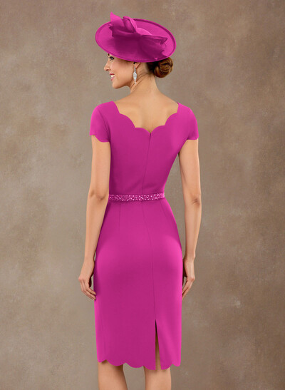 Scalloped Edge Neckline Short Sleeves Knee-Length Elastic Satin Mother Of The Bride Dresses With Beading