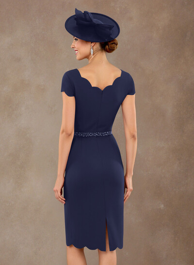 Scalloped Edge Neckline Short Sleeves Knee-Length Elastic Satin Mother Of The Bride Dresses With Beading